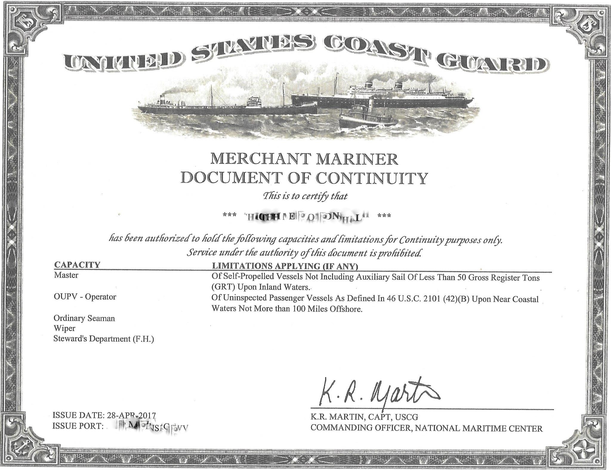 USCG Document of Continuity
